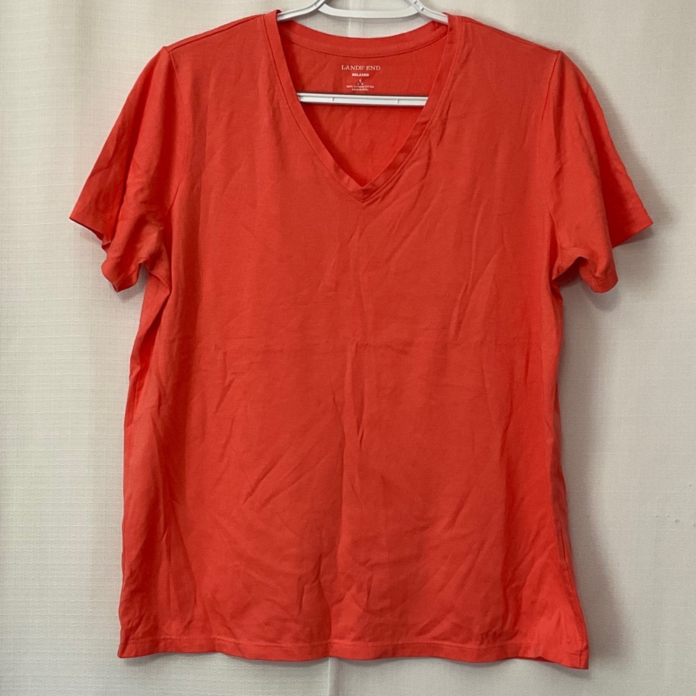Lands' End Relaxed 100% Cotton Women's Bright Coral V-Neck Tee Size S (6-8)